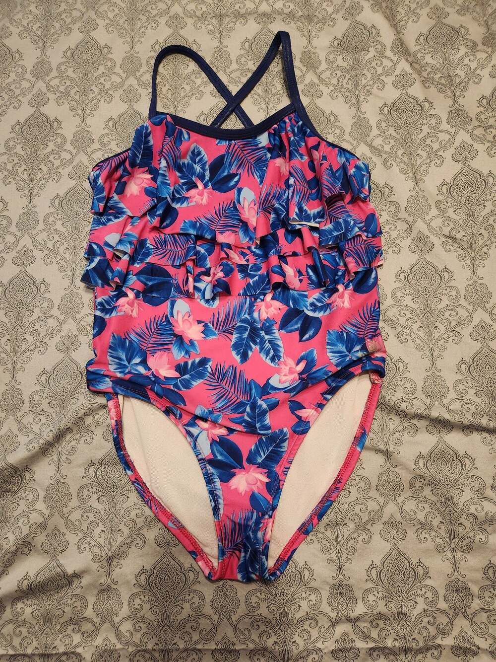 Body Glove Girls Tropical Pink and Blue Floral Ruffle One-Piece Swimsuit